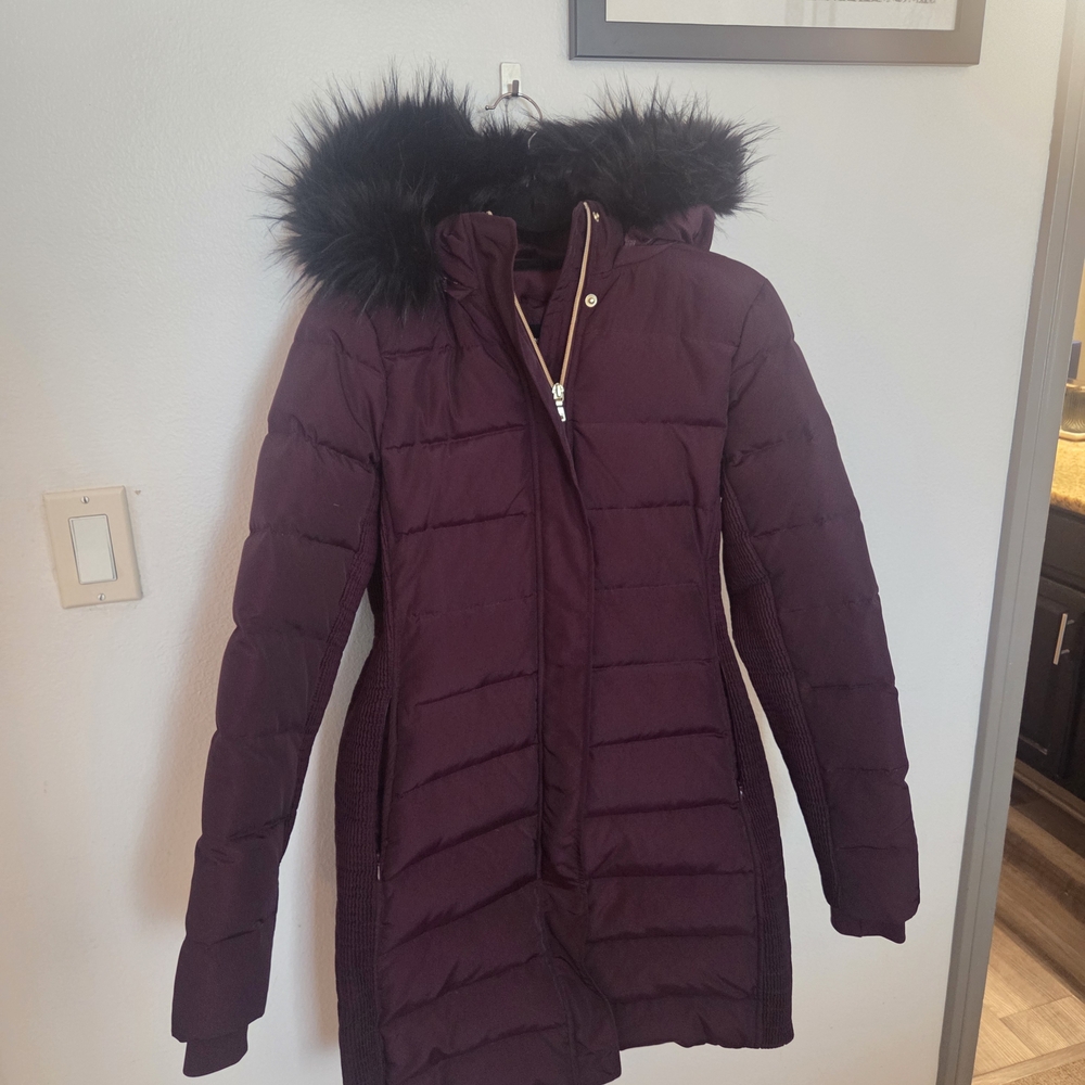 Express Dark Purple Puffer Jacket with Faux Fur Hood